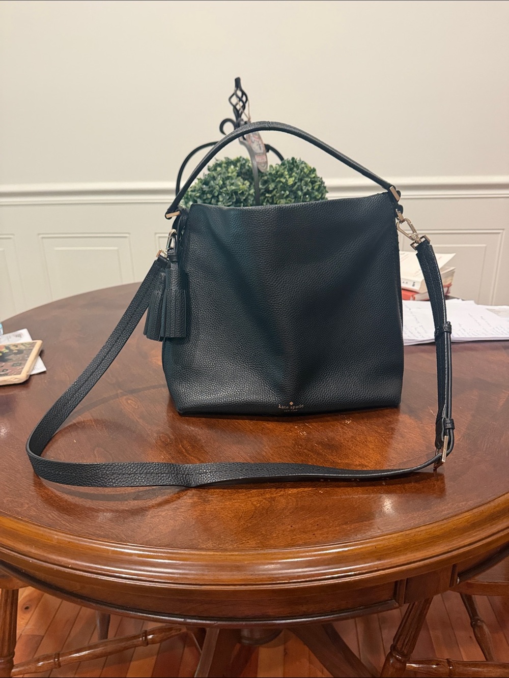 kate spade black pebbled leather shoulder hobo with tassel